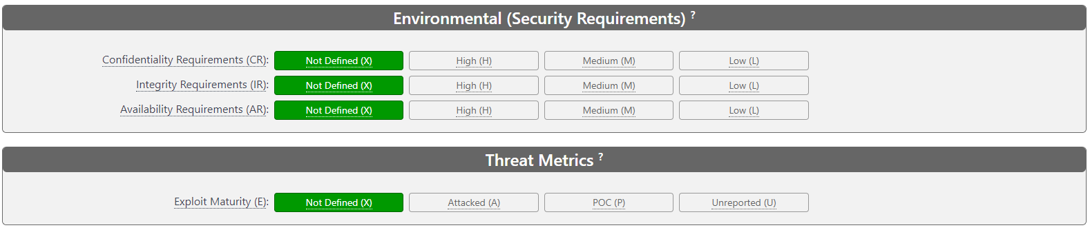 CVSS overall score computation combining base, temporal, and environmental groups